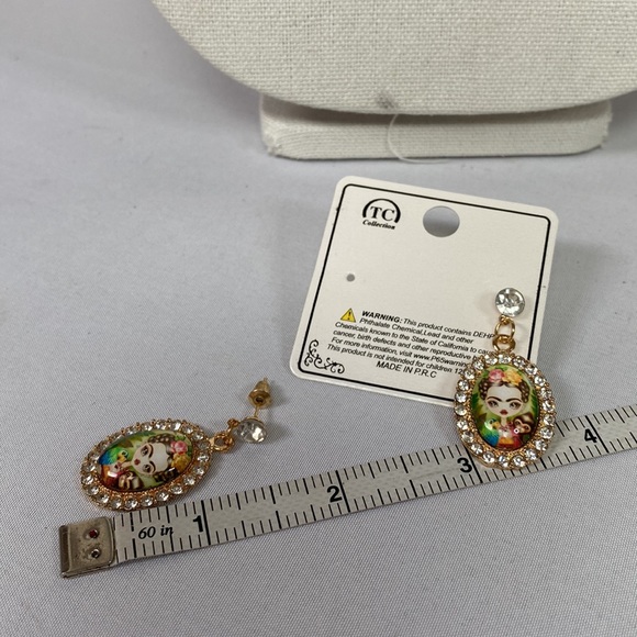 Frida Khalo drop style dangling earrings with rhinestones - Picture 5 of 5